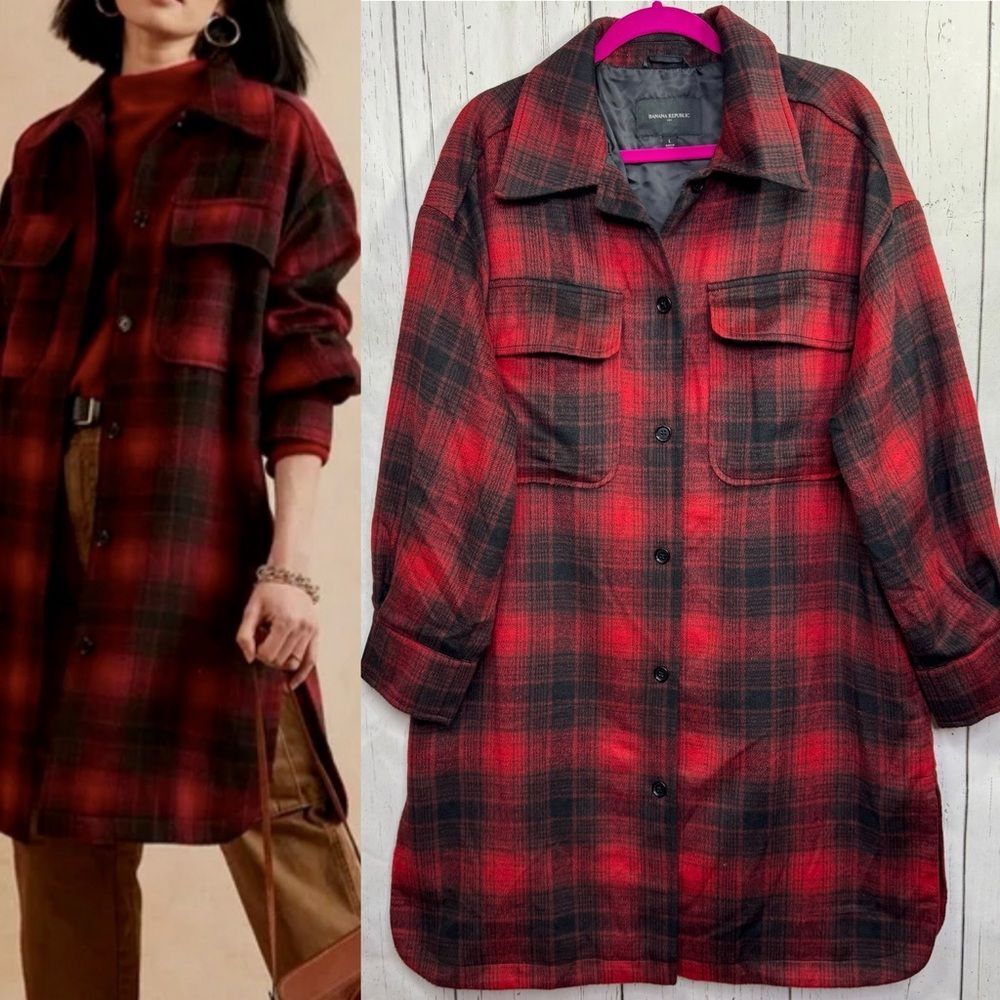 Banana Republic Red Plaid Long Shacket Cozy Layering Cabincore Preppy Americana